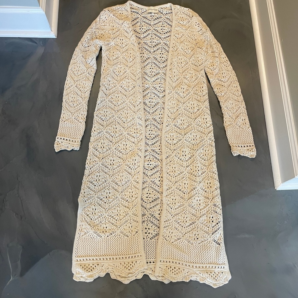 Freshman 1996 Cream Crochet Longline Duster Cardigan Scalloped Hem S Boho Hippie
